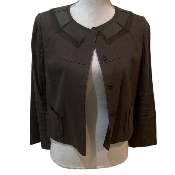 Elie Tahari olive linen blend cropped jacket Overstitching collar size small - Picture 6 of 11